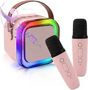 Karaoke Machine, SUIJIEEN Professional Wireless Mini Bluetooth Speaker with 2 Wireless Microphone & LED Light, Portable Karaoke for Family or Friends Party, Birthday Gifts for Girls Boys （Pink）