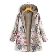 Nevenka Womens Bohemian Floral Print Jacket Plush Hooded Warm Coat-C