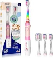 SEAGO Kids Electric Toothbrush with 2 Mins Timer and 4 Replacement Bursh Heads, Rainbow LED Light Make Brushing Fun, Pink Color Girls Battery Powerd for 4-12 Years Old，SG-977 (Pink)