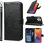 Cavor Wallet Case for iPhone 11 Pro Max 6.5'' PU Leather Case Magnetic 3D Embossed Flower Women Flip Kickstand with Card Holder Wristlet Hand Strap Protective Cover -Flower Black