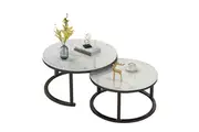 Foret Coffee Table 80cm Side Tables 2pc Set Tea Marble Look Glass finish