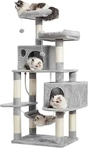Hey-brother Large Multi-Level Cat Tree Condo Furniture with Sisal-Covered Scratching Posts, 2 Bigger Plush Condos, Perch Hammock for Kittens, Cats and Pets Light Gray MPJ020W