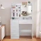 White Amazing Makeup Vanity Wood Dressing Table Stool Mirror LED Light Shelves