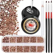 1PC 8ml Wipe-Off Nail Art Rhinestone Glue Gel Adhesive + 1 Box 2-5mm Flat Back Round Glass Rose Gold Rhinestones + 3PCS Glue Brush + 1PC Pickup Pencil