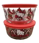 Hello Kitty Christmas Pyrex Glass Storage Set Of 2 Bowls w/lids NEW