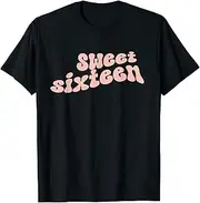 [X.Style] Sweet Sixteen 16th Birthday Girls Boho Retro Vintage Wavy 16 ds1670 T-Shirt (L) Black
