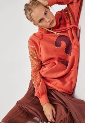 Free People Sparkle Daze Kango Hoodie Embellished We The Free Red Combo XL NWT