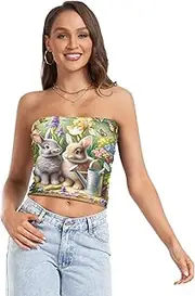 [RPLIFE] Cute Rabbits Butterflies Flowers Women's Tube Top Strapless Top for Women, Sheer Tube Tops, Sexy Tube Tops (S)