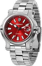 [BERNY] Men Automatic Watch Watches Sapphire Lens 10ATM Waterpoof Stainless Steel Wristwatch Swimming Diving Watches with Date Aperture Super Luminous, Red, Dive watch