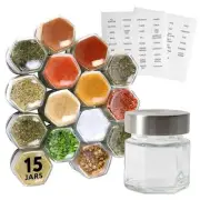 15 Pack Hexagonal Magnetic Spice Jars with Lid, Includes 60 Pre-Printed Labels