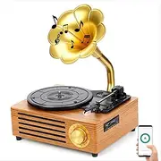 Vintage Gramophone with Wireless Bluetooth, Horn Shape Vinyl Record Player - SD Card/USB Playback, 33/45/78 RPM Speeds | Compatible with 7/10/12-inch Vinyl & Film Records,Gold