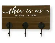 Hook Rack Wall Mounted Wood 3 Metal Hooks Rustic with Painted Phrase 12 X 8 in