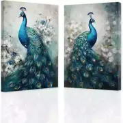 2pcs Vibrant Blue Peacock Floral Backgrounds Wall Art Canvas Unframed