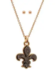 Dark Smokey Grey Colored Druzy Necklace and Stud Earring Set Fluer De Lis