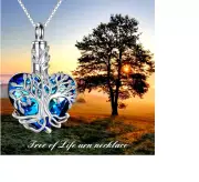 URN TREE LIFE CREMATION ASHES BLUE CRYSTAL HEART Charm 18" 925 Silver chain LOVE