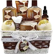 Bath and Body Gift Basket For Women and Men - 9 Piece Set of Vanilla Coconut Home Spa Set, Includes Fragrant Lotions, Extra Large Bath Bombs, Coconut Oil, Luxurious Bath Towel & More