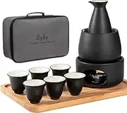 Bgbg Ceramic Sake Set with Warmer Pot Bamboo Tray-Traditional Japanese Pottery Hot Saki Set 11-Piece including 1 Sake Pot,6 Sake Cups，1 Warming Mug，1 Candle Stove, 1 Candle Tea Light Holder and 1 Tray