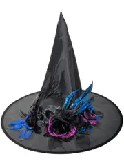 Pointy Black Witch Hat with Glitter Skull and Flowers