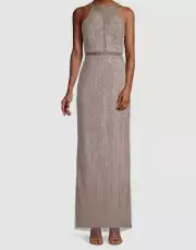 $350 Aidan Mattox Women's Beige Beaded Round-Neck Gown Dress Size US14