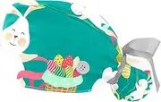 [WOSHJIUK] Working Hat 2 Pack Scrub Caps for Women,Easter Bunny Bicycle,Tie Back Cap Adjustable Scrub Hat