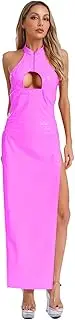[winying] Women Sexy Faux Leather Dress Sleeveless Hollow Out Mock Neck Side Split Long Dress for Performance
