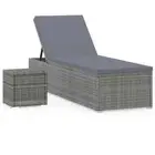 Sun Lounger with Cushion Tea Table Poly Rattan Grey