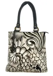 Anuschka Hand Painted 3-Compartment Large Shopper Tote Bag-Patchwork Pewter-NWT