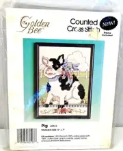 Vintage Golden Bee Pig Bow Flowers 60513 Includes Frame Cross Stitch Kit 5x7"