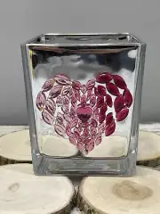 Square Silver Glass Vase Teleflora Gift Mirrored Cube w/ Beaded Heart - Size 4"