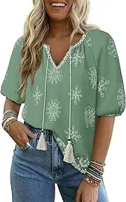 [Vivilli] Womens Summer Boho Tops Casual V Neck Short Sleeve Blouses Floral Print Shirt Tie Front Flowy Vacation Clothes