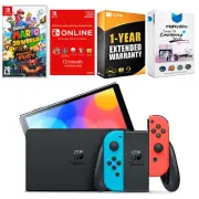 Nintendo Switch Neon Red/Blue OLED + Super Mario 3D World + NSO 1 Yr Membership