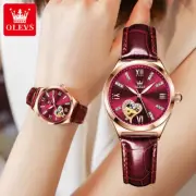 OLEVS Women's Mechanical Watch Leather Strap Diamond Waterproof Wristwatches