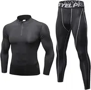 [Abigprofit] High Collar Winter Thermal Underwear Men Long Johns Shirt Leggings Warm Sport Compression Black Set XXL