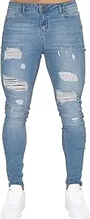 [Zylphorix] Men Stretch Mid Waist Ripped Denim Pant Casual Street Pencil Jeans with Holes Y2K Classic Skinny Motorbike Trousers, Light Blue1, 3X-Large