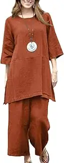 [PUCEK] Women's Oversize Cotton Linen Set Solid Color Retro Loose Mid Sleeve Tops & Wideleg Pants Two Piece Set Orange red S