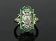Art Deco Emerald Frame 3-Stone Lab-Created Diamond Engagement Gold Finish Ring