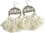 [Pingyongchang] Cute Mom Letter Wood Long Tassel Dangle Drop Earrings Vintage Handmade Baseball Basketball Football Soccer Sport Mama Wooden Eearrings for Women Mother’s Day Gift