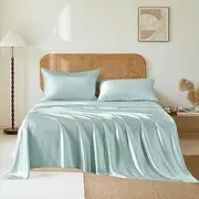 THXSILK Luxury Mulberry Silk Bed Sheets Set - 4pcs Silk Sheets Set 16" Deep Pocket - 1 Flat Sheet, 1 Fitted Sheet, 2 Silk Pillowcases with Zipper Closure - Queen, Light Blue