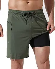 Arcweg Mens Swim Trunks with Compression Liner 7 Inch Quick Dry Beach Swimming Trunks 2 in 1 Swim Shorts with Zipper Pockets