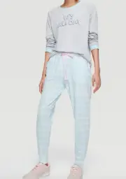 NEW PETER ALEXANDER PJ'S ALL DAY TOP & BLUE CHECK EASY PANTS PJ SET L RRP$139.90