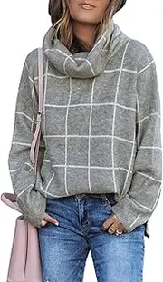 [Glamaker] Women's Casual Loose Chunky Checked Turtleneck Plaid Pullover Long Sleeve Knit Sweater Jumper Tops