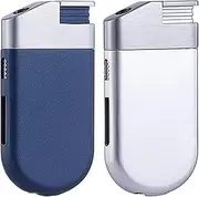 Oblique Flame Refillable Windproof Lighter Metal Visible Gas Tank Lighter,Adjustable Flame Intensity Butane Lighter, Compact Wind-Resistant Cigar Lighter, Ideal Gift(No Gas) (Blue & Silver)