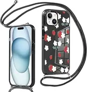Mobile Phone Chain for iPhone 15 6.1 Inch Case with Strap, Aesthetic Strawberry Pattern Protective Case with Cord for Hanging, Silicone Shockproof Case Women Girls Cover for iPhone 15, Black2