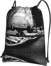 EdWal Skate Boards Print Drawstring Backpack Gym Bags Sports Bags With Zipper Pocket For Travel Beach, Black, One Size