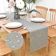 Waterproof Faux Linen Table Runner - Farmhouse Grey 90 Inches Long Rustic Washable Dresser Scarf for Kitchen Dining Room Indoor Outdoor 13x90 Inch