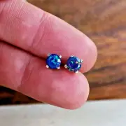 Genuine Beautiful Blue Opal Stud Earrings, Genuine Opal 5mm Round 14k Gold Stud