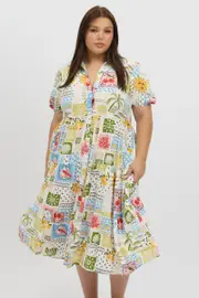 Multi Abstract Puff Sleeve Button Through Shirtdress