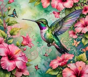 HUMMINGBIRDS TROPICAL FLORAL #5 COMPUTER MOUSE PAD 9 x 7