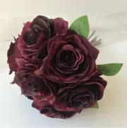 BURGUNDY ROSE BOUQUET ARTIFICIAL WEDDING FLOWER PRE MADE MAROON ROSES FLOWERS X1