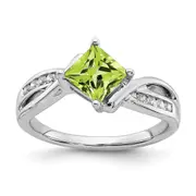 Solid 14k White Gold Square Simulated Peridot and CZ Ring